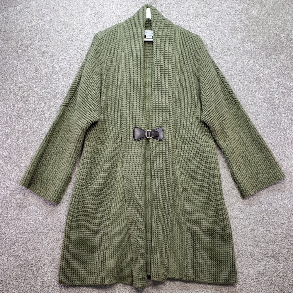 Soft Surroundings Women Green Waffle Chunky Waffle Knit Cardigan Sweater Medium